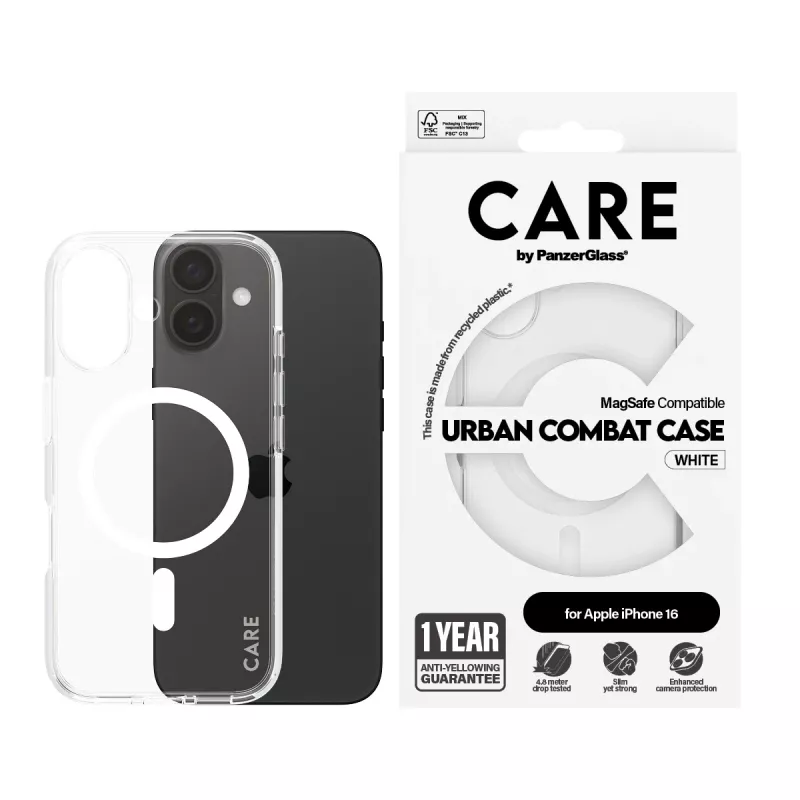 PanzerGlass CARE™ by ® Urban Combat Case Caurspīdīgs ar Baltu MagSafe iPhone 16