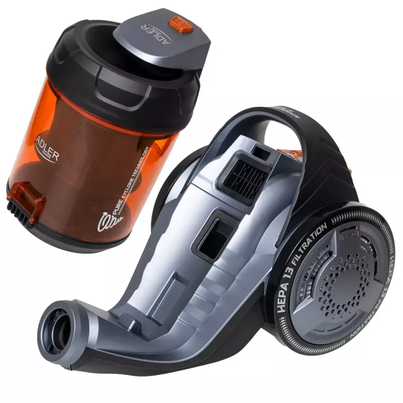 Bezmaisa putekļsūcējs Adler AD 7065 — 700 W, 1,6 L putekļu tvertne, HEPA, 9 m darbības rādiuss, melns/sarkans