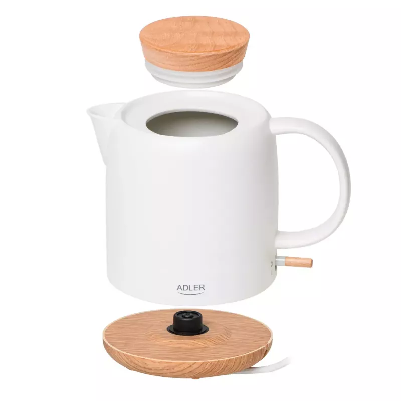 Elektriskā tējkanna Adler AD 1304 — 1 L, 1200 W, keramikas korpuss, verams vāks, 360° rotējoša pamatne, balta