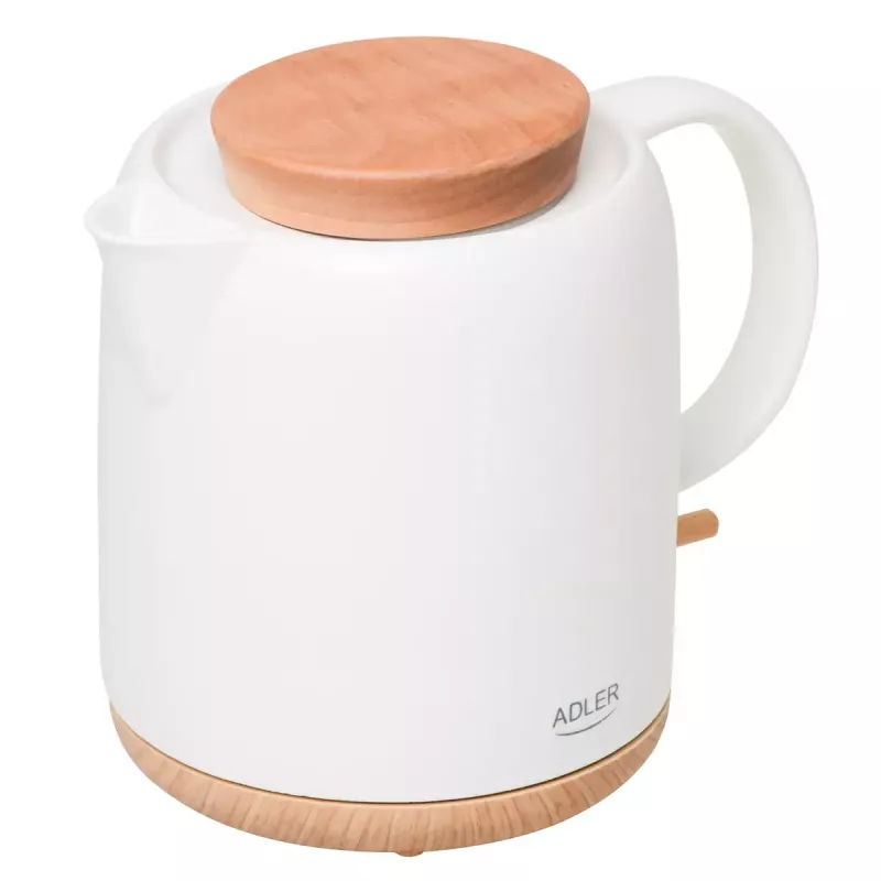 Elektriskā tējkanna Adler AD 1304 — 1 L, 1200 W, keramikas korpuss, verams vāks, 360° rotējoša pamatne, balta