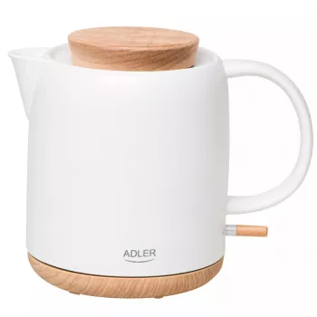 Elektriskā tējkanna Adler AD 1304 — 1 L, 1200 W, keramikas korpuss, verams vāks, 360° rotējoša pamatne, balta