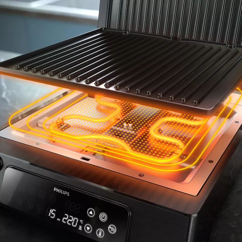 Philips 7000 series Kontaktgrils, Melns, Taisnstūrveida, Skārienjutīgs, 220 °C, Eņģes vāks, Bloķējams vāks, 180°