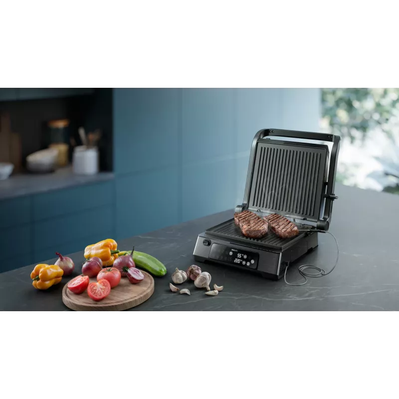 Philips 7000 series Kontaktgrils, Melns, Taisnstūrveida, Skārienjutīgs, 220 °C, Eņģes vāks, Bloķējams vāks, 180°