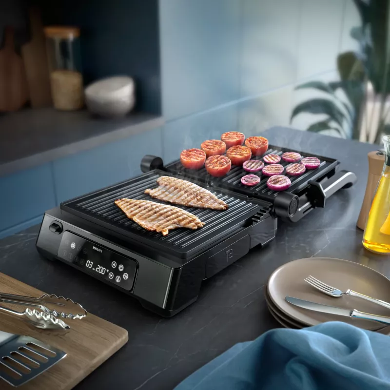 Philips 7000 series Kontaktgrils, Melns, Taisnstūrveida, Skārienjutīgs, 220 °C, Eņģes vāks, Bloķējams vāks, 180°