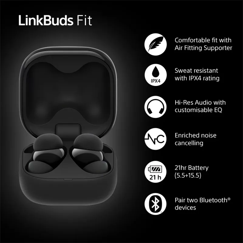 Bezvadu austiņas Sony LinkBuds Fit WFLS910NB — Bluetooth, 20–20000 Hz, 10 m diapazons, 75 g, melnas