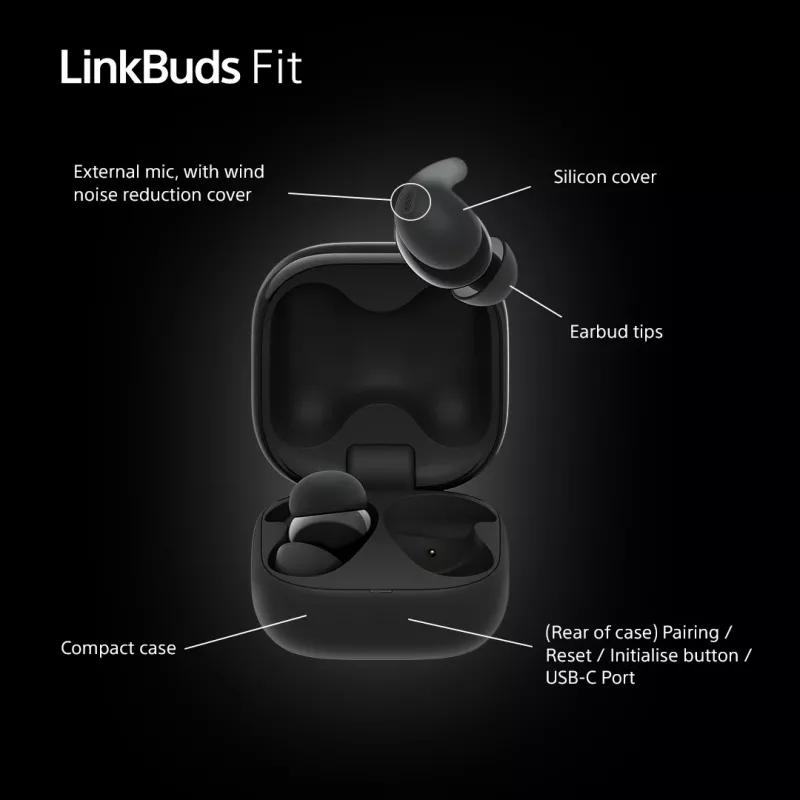 Bezvadu austiņas Sony LinkBuds Fit WFLS910NB — Bluetooth, 20–20000 Hz, 10 m diapazons, 75 g, melnas