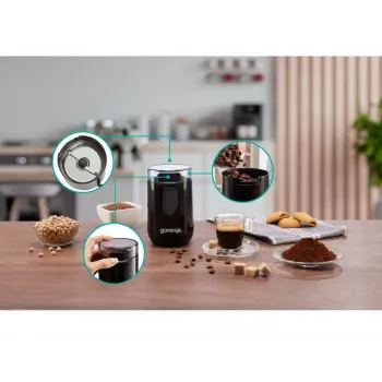Kafijas dzirnaviņas Gorenje SMK150SB — 150 W motors, 45 g kafijas pupiņu ietilpība, nerūsējošā tērauda asmeņi, melnas