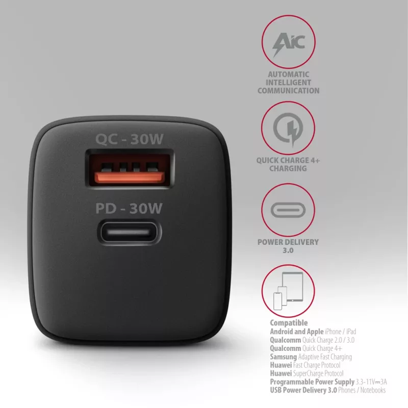 Axagon ACU-PQ30 PD3.0 & QC4+ 2xOUTPUTS sienas lādētājs 30W