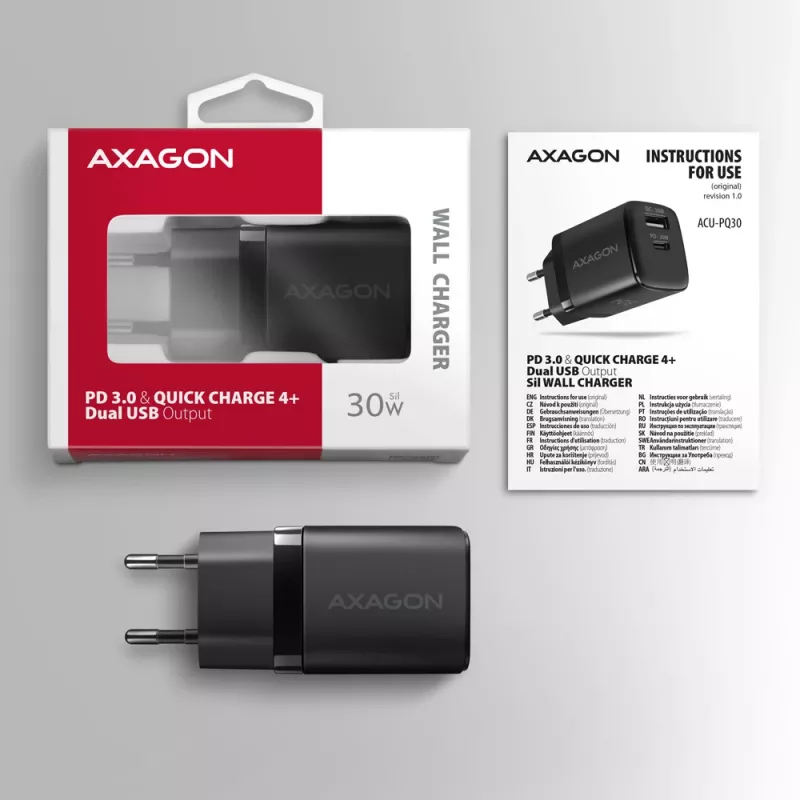Axagon ACU-PQ30 PD3.0 & QC4+ 2xOUTPUTS sienas lādētājs 30W