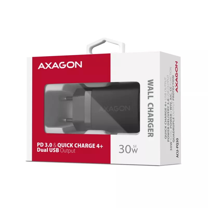 Axagon ACU-PQ30 PD3.0 & QC4+ 2xOUTPUTS sienas lādētājs 30W