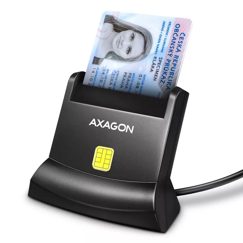 Axagon universālais galda USB viedkaršu/ID karšu lasītājs ar garu USB-A kabeli. Piemērots eObanka lietojumprogrammai. viedkaršu lasītājs Iekštelpās USB 2.0 Melns
