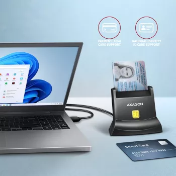 Axagon universālais galda USB viedkaršu/ID karšu lasītājs ar garu USB-A kabeli. Piemērots eObanka lietojumprogrammai. viedkaršu lasītājs Iekštelpās USB 2.0 Melns