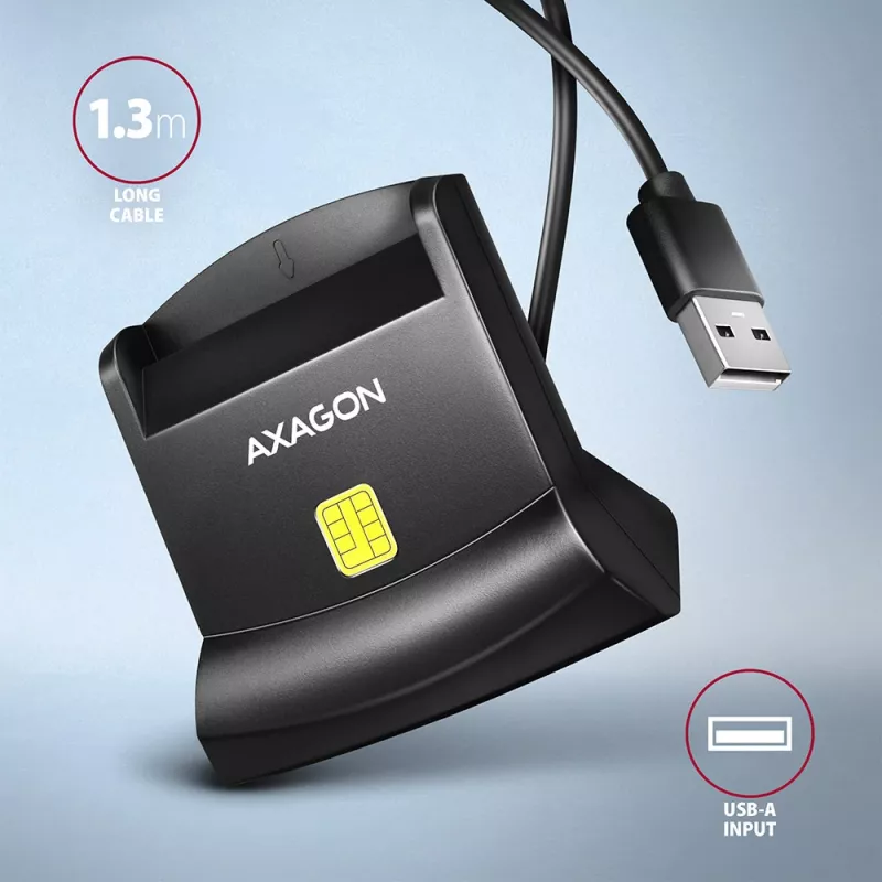 Axagon universālais galda USB viedkaršu/ID karšu lasītājs ar garu USB-A kabeli. Piemērots eObanka lietojumprogrammai. viedkaršu lasītājs Iekštelpās USB 2.0 Melns