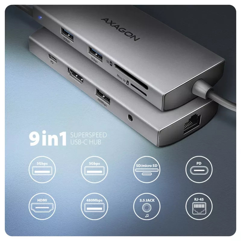 Axagon HMC-8HLSA, USB 5Gbps centrmezgls, 3x USB-A, HDMI 4k/60Hz, RJ-45, SD/microSD, audio, PD 100W