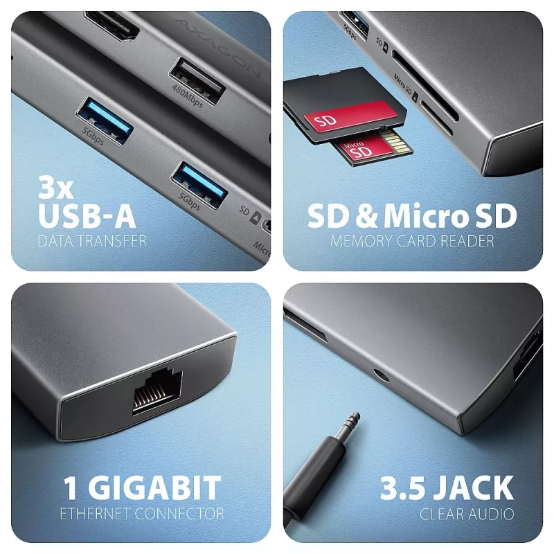 Axagon HMC-8HLSA, USB 5Gbps centrmezgls, 3x USB-A, HDMI 4k/60Hz, RJ-45, SD/microSD, audio, PD 100W