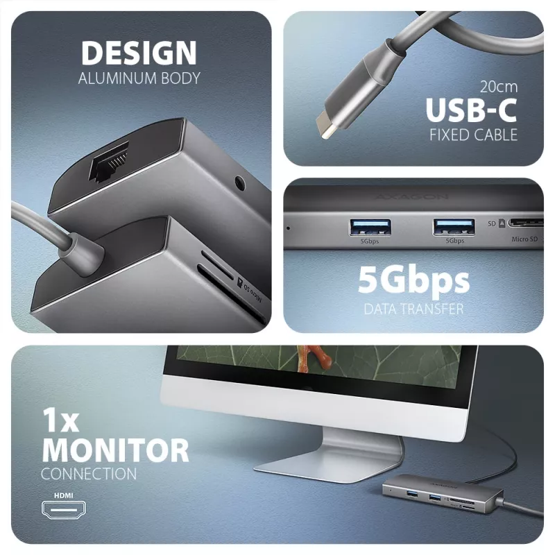 Axagon HMC-8HLSA, USB 5Gbps centrmezgls, 3x USB-A, HDMI 4k/60Hz, RJ-45, SD/microSD, audio, PD 100W
