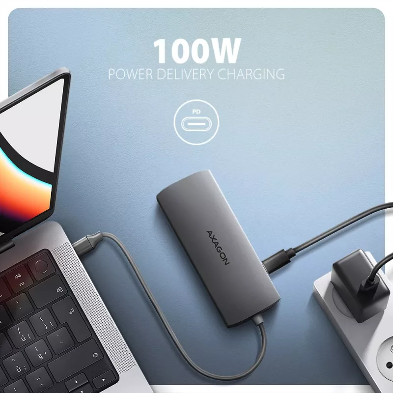 Axagon HMC-8HLSA, USB 5Gbps centrmezgls, 3x USB-A, HDMI 4k/60Hz, RJ-45, SD/microSD, audio, PD 100W