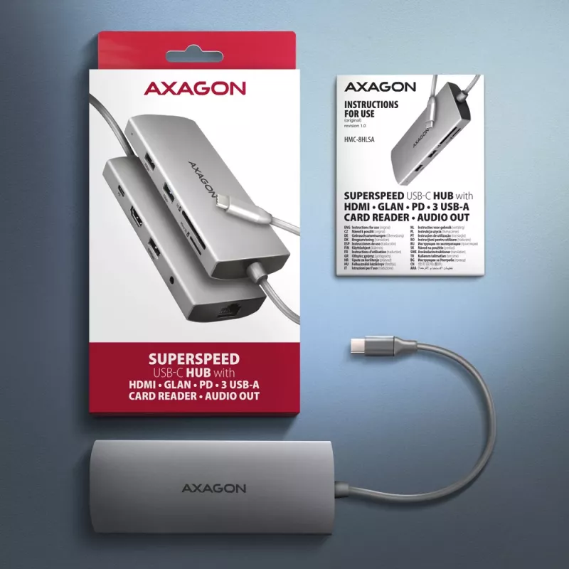 Axagon HMC-8HLSA, USB 5Gbps centrmezgls, 3x USB-A, HDMI 4k/60Hz, RJ-45, SD/microSD, audio, PD 100W