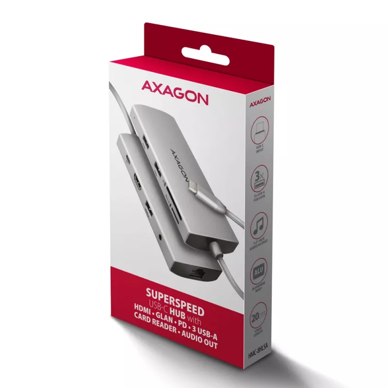 Axagon HMC-8HLSA, USB 5Gbps centrmezgls, 3x USB-A, HDMI 4k/60Hz, RJ-45, SD/microSD, audio, PD 100W