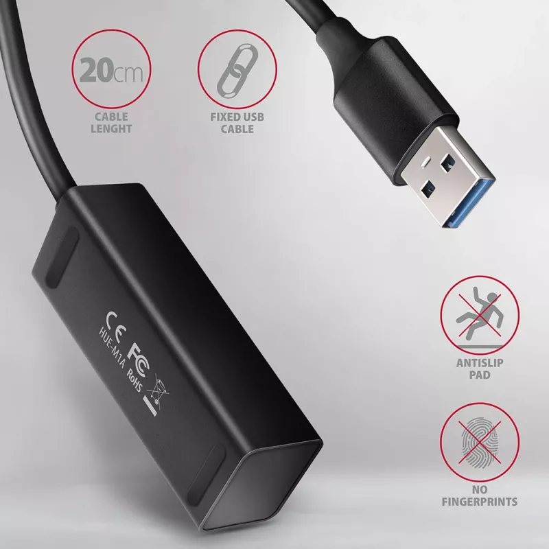 Axagon HUE-M1A 4x USB 3.2 Gen 1 MINI centrmezgls, metāls, 20 cm USB-A kabelis