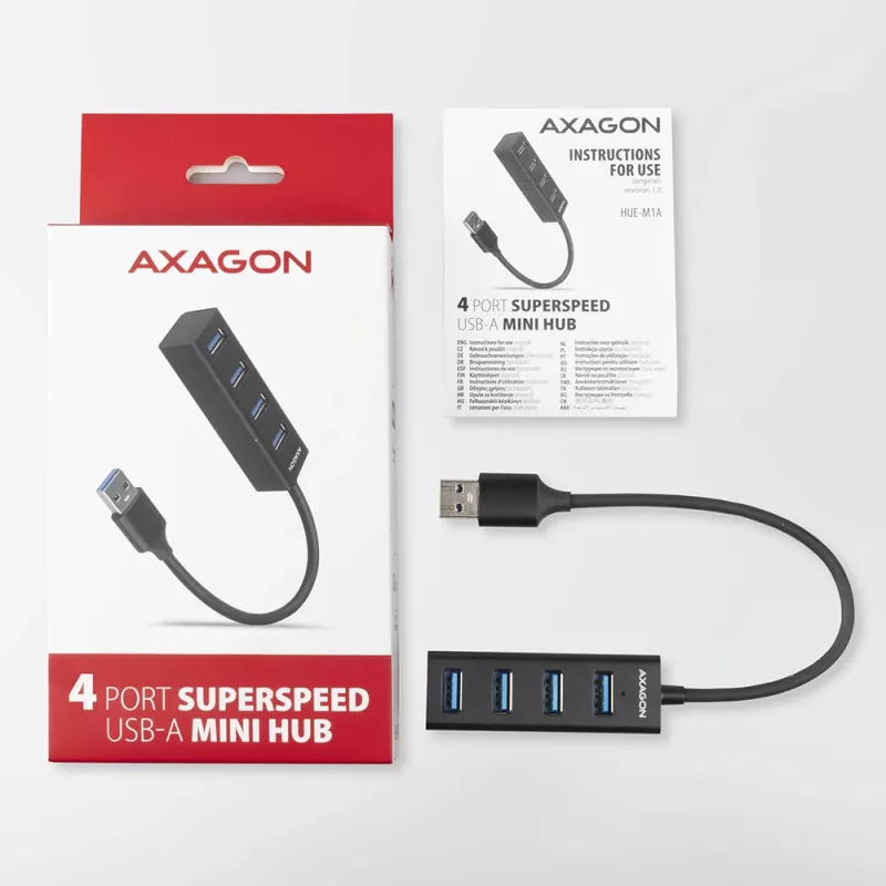 Axagon HUE-M1A 4x USB 3.2 Gen 1 MINI centrmezgls, metāls, 20 cm USB-A kabelis