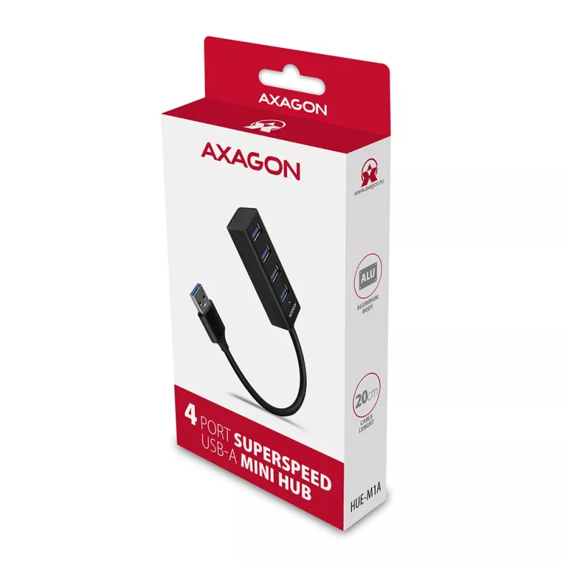 Axagon HUE-M1A 4x USB 3.2 Gen 1 MINI centrmezgls, metāls, 20 cm USB-A kabelis
