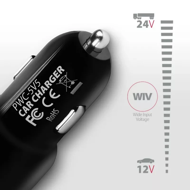 Axagon PWC-5V5 SMART auto lādētājs 24W, 2x USB-A ports, 5V/2.4A + 5V/2.4A