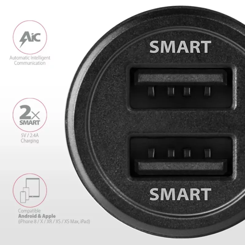 Axagon PWC-5V5 SMART auto lādētājs 24W, 2x USB-A ports, 5V/2.4A + 5V/2.4A
