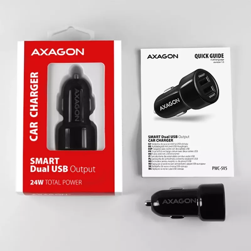 Axagon PWC-5V5 SMART auto lādētājs 24W, 2x USB-A ports, 5V/2.4A + 5V/2.4A