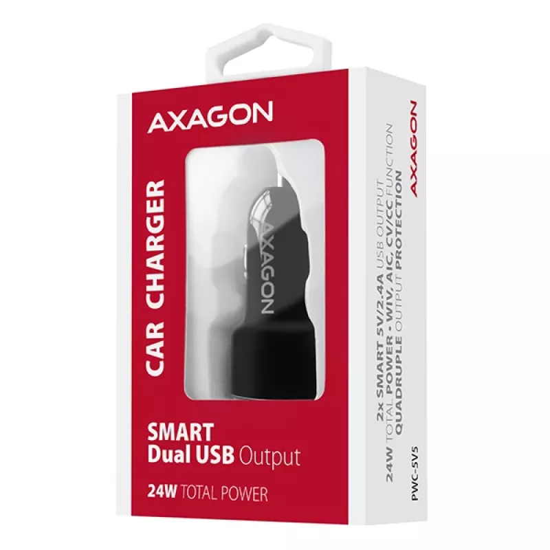 Axagon PWC-5V5 SMART auto lādētājs 24W, 2x USB-A ports, 5V/2.4A + 5V/2.4A