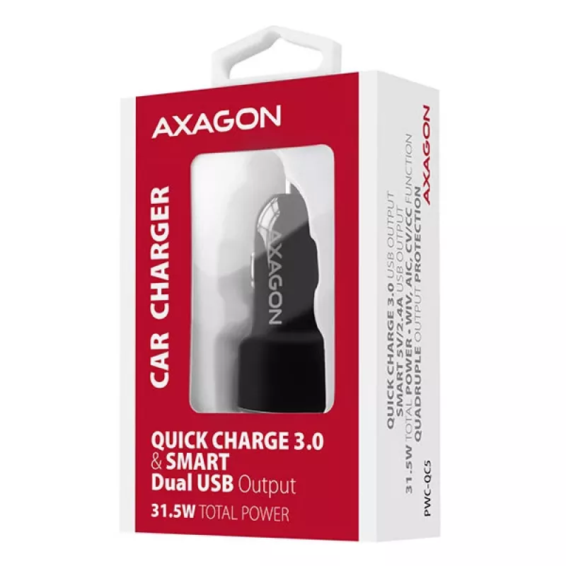 Axagon PWC-QC5 mobilās ierīces lādētājs Mobilais telefons, Viedtālrunis, Planšetdators, Universāls Melns Cigarešu šķiltavas Ātrā uzlāde Auto