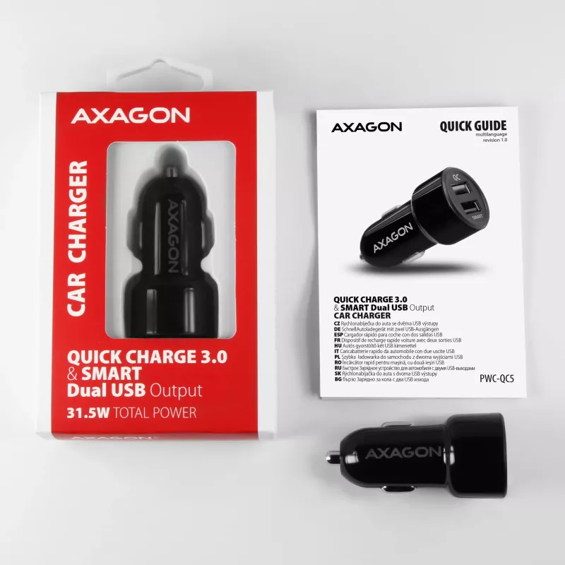 Axagon PWC-QC5 mobilās ierīces lādētājs Mobilais telefons, Viedtālrunis, Planšetdators, Universāls Melns Cigarešu šķiltavas Ātrā uzlāde Auto