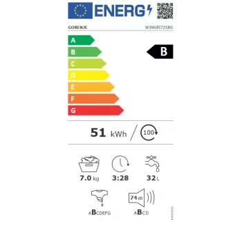 Veļas mašīna Gorenje W3NGPI72SBS ar priekšējo ielādi 7 kg, 1200 apgr./min, LCD, tvaiks, 59,5×43,5 cm, energoefektivitātes klase B