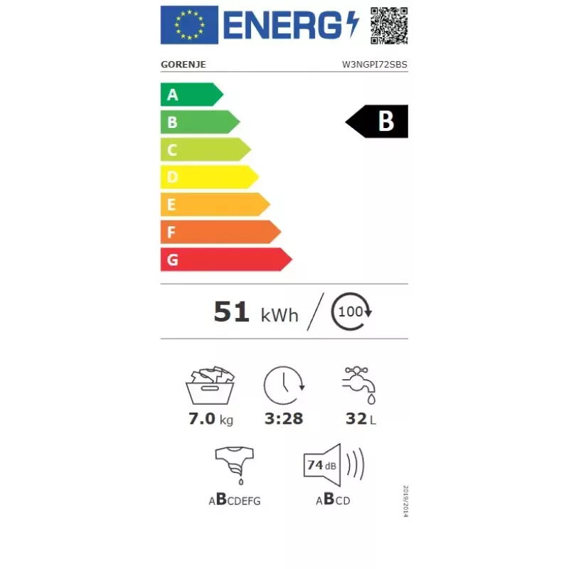 Veļas mašīna Gorenje W3NGPI72SBS ar priekšējo ielādi 7 kg, 1200 apgr./min, LCD, tvaiks, 59,5×43,5 cm, energoefektivitātes klase B