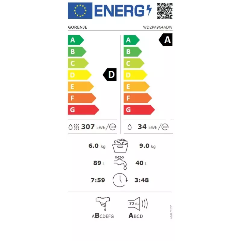 Gorenje WD2PA964ADW Veļas žāvētājs 9 kg / 6 kg 1400 apgr./min