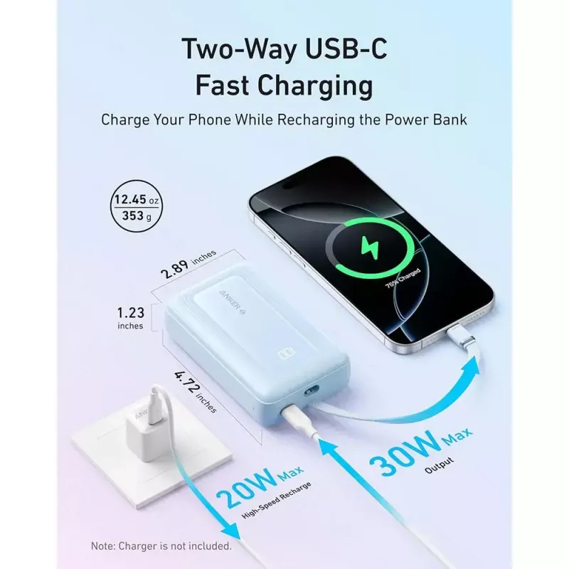 Anker Zolo powerbank 10000mAh, 30W īpaši ātrā uzlāde, integrēts USB-C kabelis, balts