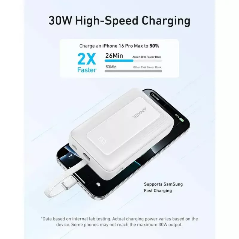 Anker Zolo powerbank 10000mAh, 30W īpaši ātrā uzlāde, integrēts USB-C kabelis, balts