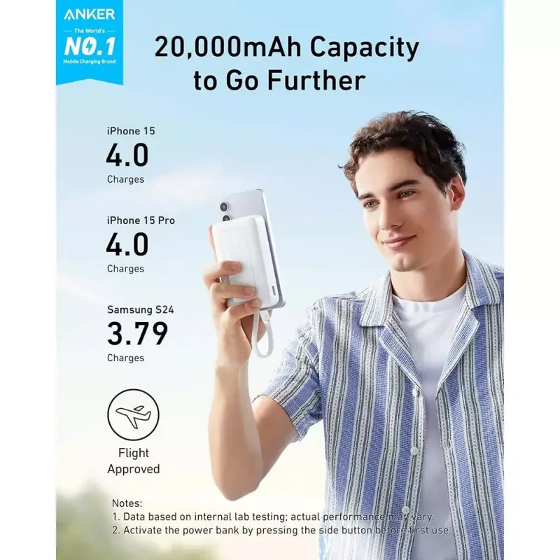 Anker Zolo powerbank 10000mAh, 30W īpaši ātrā uzlāde, integrēts USB-C kabelis, balts