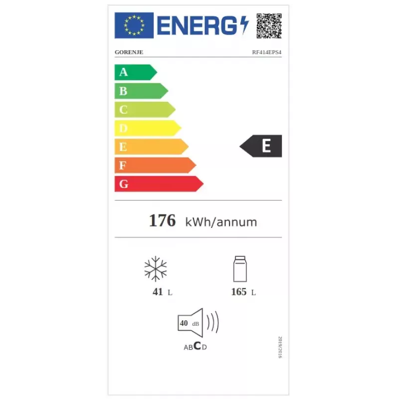 Brīvi stāvošs ledusskapis Gorenje RF414EPS4 — 206 L kopējā tilpumā, 165 L ledusskapja, 41 L saldētavas, pelēks
