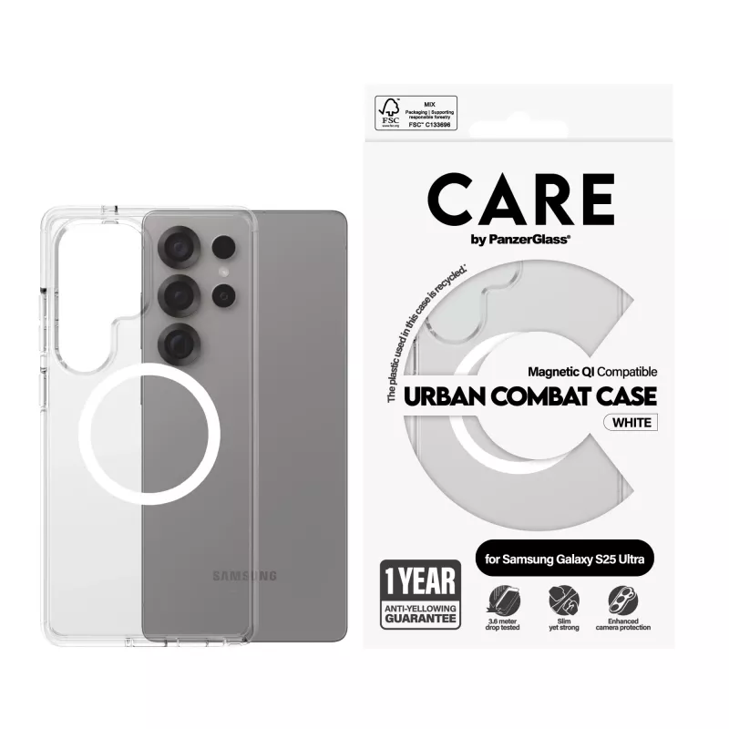 PanzerGlass CARE™ by ® Urban Combat Case Caurspīdīgs ar Baltu Qi Samsung Galaxy S25 Ultra