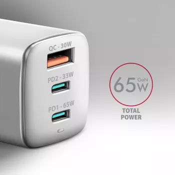 Axagon ACU-DPQ65W PD3.0 & QC4+ 3x IZVADI sienas lādētājs 65W