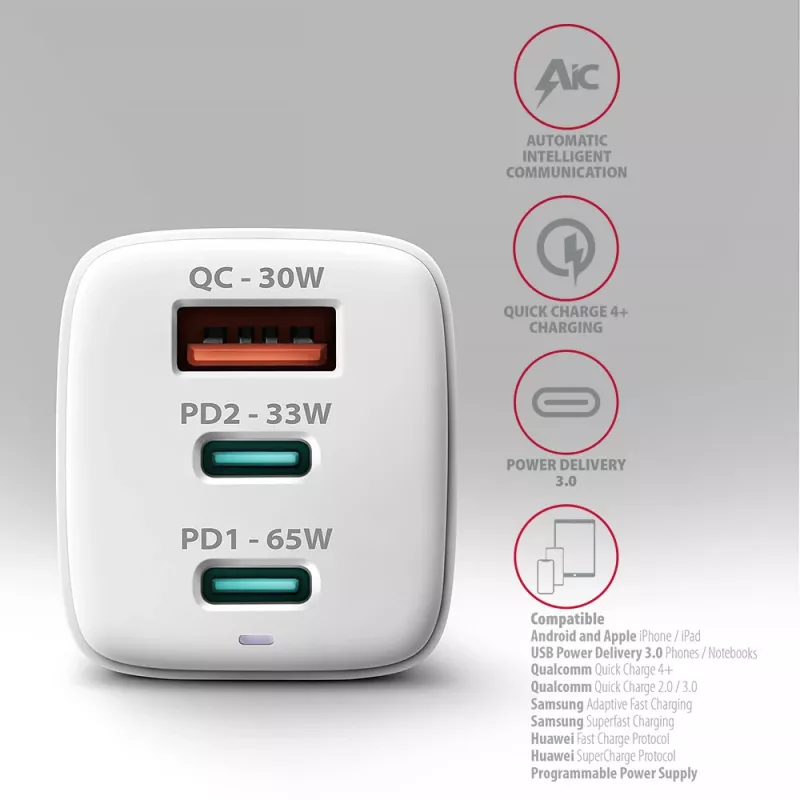 Axagon ACU-DPQ65W PD3.0 & QC4+ 3x IZVADI sienas lādētājs 65W