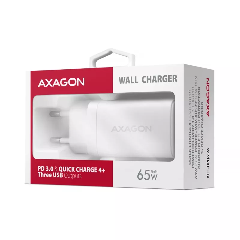 Axagon ACU-DPQ65W PD3.0 & QC4+ 3x IZVADI sienas lādētājs 65W