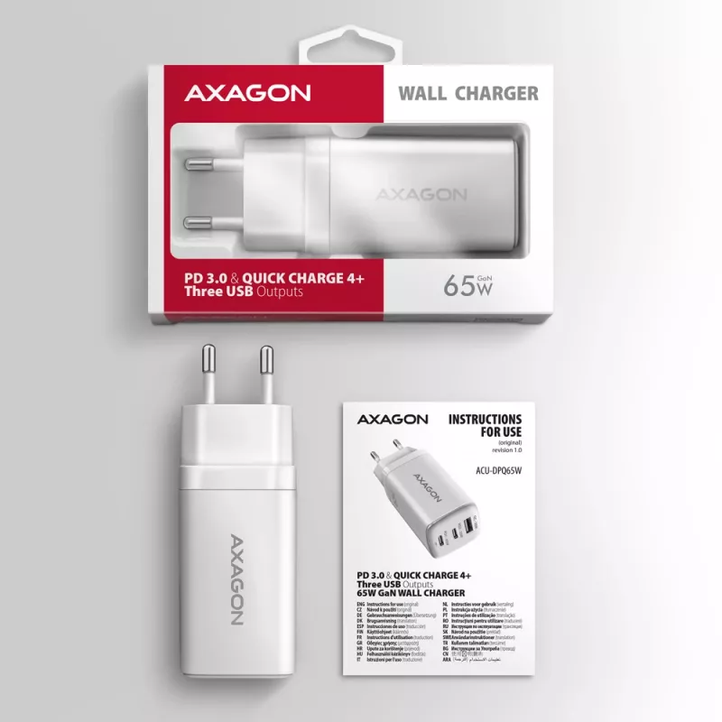 Axagon ACU-DPQ65W PD3.0 & QC4+ 3x IZVADI sienas lādētājs 65W