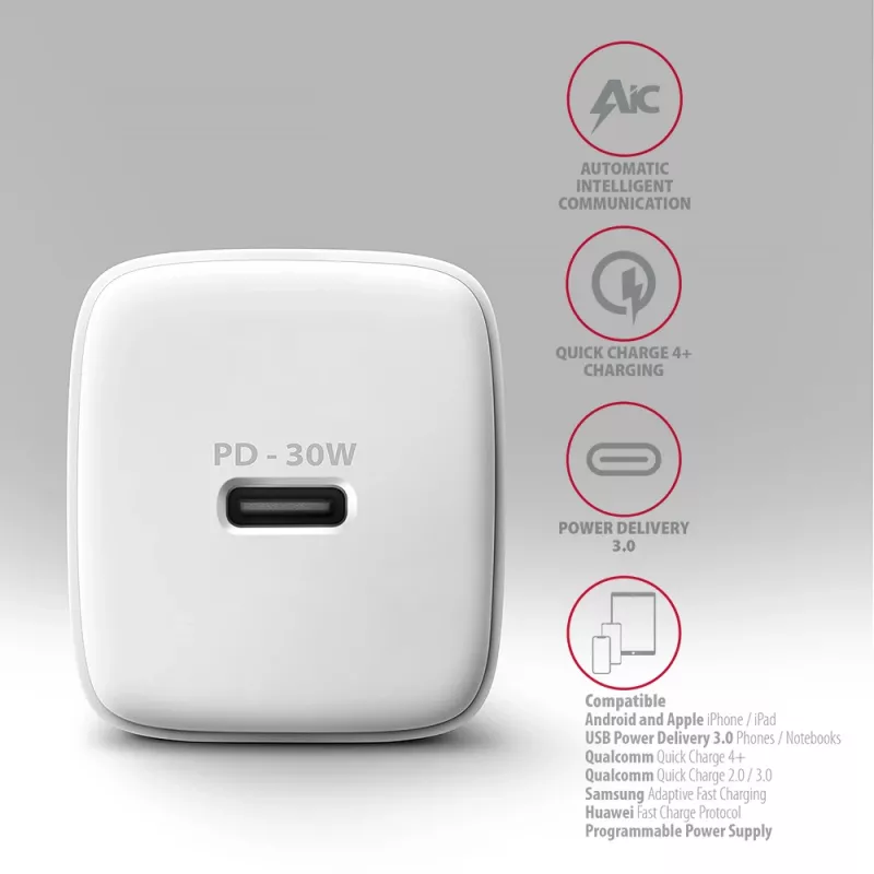 Sienas lādētājs Axagon ACU-PD30W 1x QC3.0/AFC/FCP/PD Type-C 30W Balts