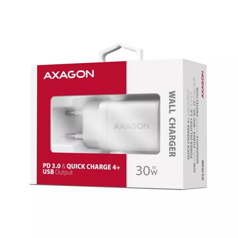 Sienas lādētājs Axagon ACU-PD30W 1x QC3.0/AFC/FCP/PD Type-C 30W Balts