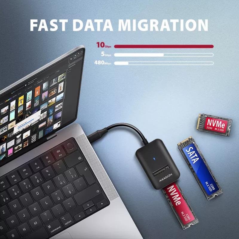 Axagon ADM2-CM USB-C adapteris M.2 NVMe SATA 10Gbps Melns