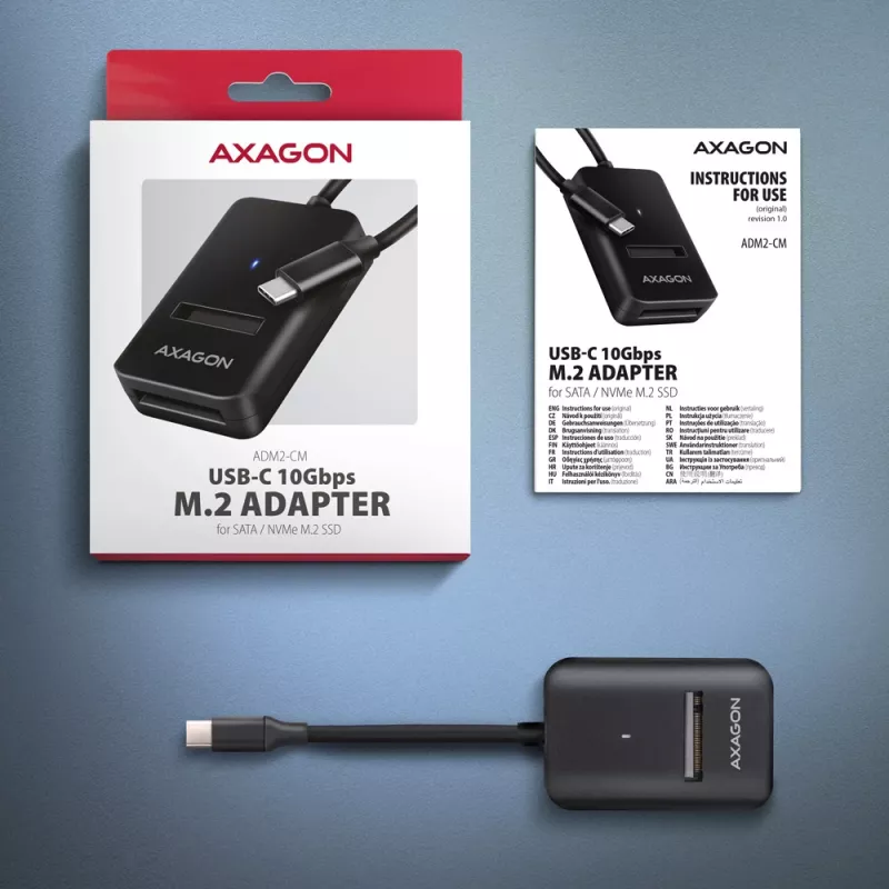 Axagon ADM2-CM USB-C adapteris M.2 NVMe SATA 10Gbps Melns