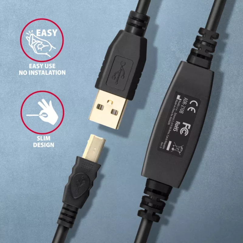 Axagon ADR-210B USB 2.0 A-M -> B-M aktīvais savienotājs/retranslators 10m