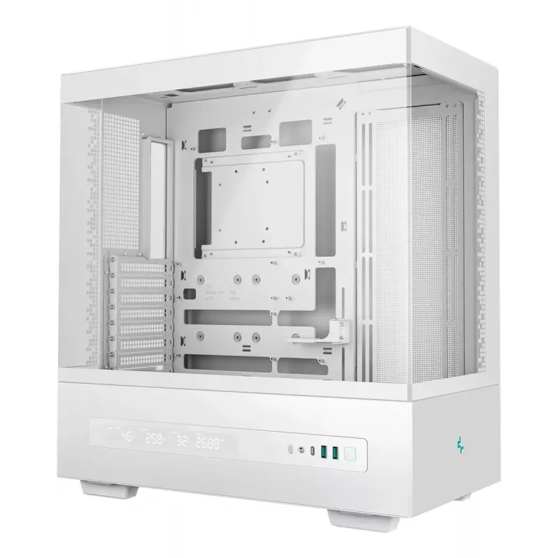 PC korpuss DeepCool CH690 Tower White — ATX/microATX atbalsts, LCD displejs, 3x2.5 collu sloti, 1x3.5 collu, GPU līdz 450 mm, CPU dzesētāja augstums 182 mm